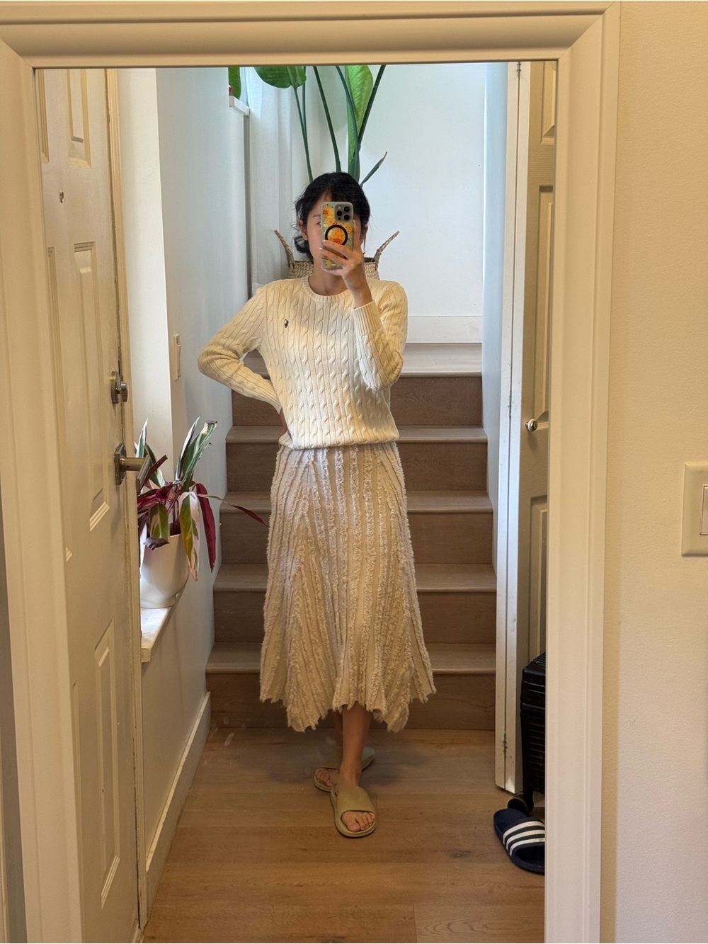 Cream Cable-Knit Midi Skirt — Women's Textured Knit Skirt